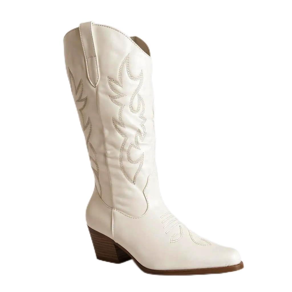 Women Western Cowbow Stitched Pointed Toe Mid-Calf High Chunky Low Heel Boots