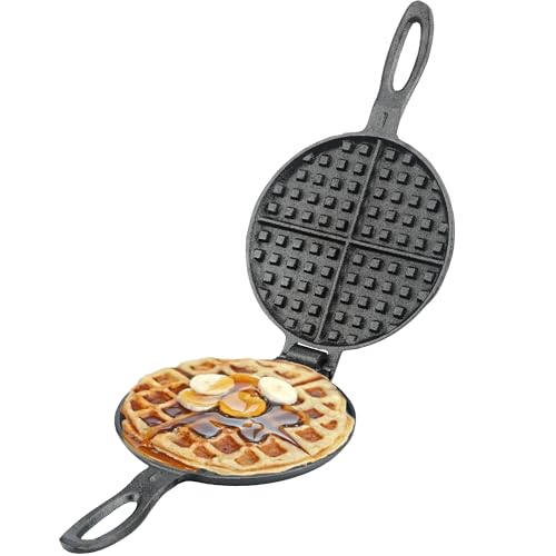 Cast Iron Waffle Maker for Stovetop or Grill, 7 inch Round Waffle Iron, Two Piece Hinged...
