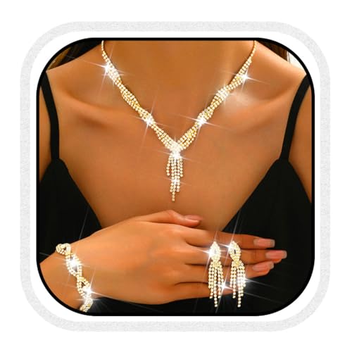 Zoestar Ensemble de bijoux de mariage pour mariée avec collier, boucles d'oreilles et bracelet en strass - Ensemble de bijoux de costume en cristal scintillant pour...