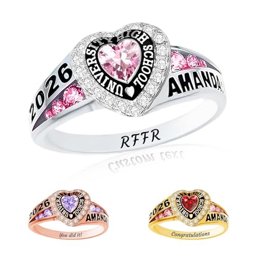MOTICIUS Custom High School Class Ring Personalized Graduation Rings with Birthstone Custom Name Rings with School Year Symbol Personalized University College Graduation Ring for Class of 2026 (Style 2)