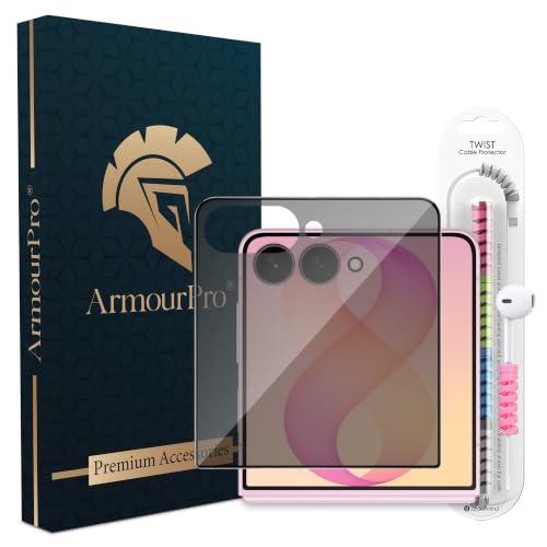 Image of ArmourPro Privacy Tempered Glass for Samsung Galaxy Z Flip 8 and Samsung Z Flip 7 - Anti Spy Anti Peeping Screen Protector, Edge-to-Edge Full Coverage, 9H Hardness with Cable Protector | Black