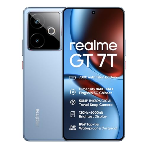 realme GT 7T 5G Smartphone,Batería 7000mAh,Dimensity 8400-MAX,Cámara 50 MP+32 MP,120Hz 6.78' Pantalla,12GB+256GB Telefono Movil,Dual SIM Android 15,NFC IP69, Sin Cargador,Azul