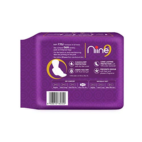 Image of NIINE Dry Comfort Ultra Thin XL+ Sanitary Napkins for Heavy Flow (Pack of 9) 54 Pads with Free Biodegradable disposable bags