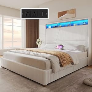 YITAHOME Queen Size Corduroy Upholstered Platform Bed Frame with Charging Station and RGB LED Lights, 53’’ Tall Storage Wingback Headboard, No Box Spring Needed, Easy Assembly, Noise-Free, W