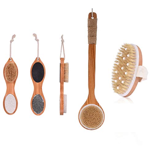 Komost Dry Brush, Bamboo Shower Back Brush Long Handle, Body Back Scrubber for Shower for Men Women, Foot File Callus Remover for Dead Skin