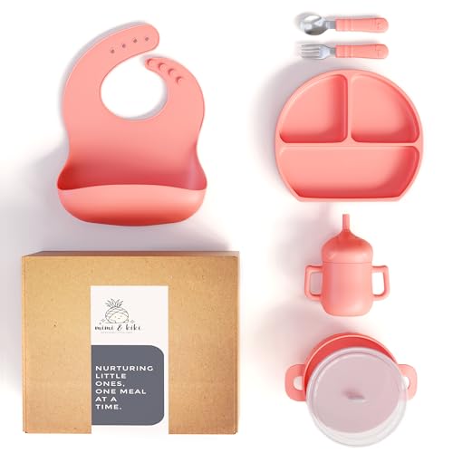 Image of mimi & kiki BPA-Free Silicone Baby Feeding Set, Baby Plates and Bowls Set, Baby Led Weaning Supplies, Silicone Suction Plate, Baby Utensils, Bib and Cup, Self Feeding, Dishwasher Safe (Pink)