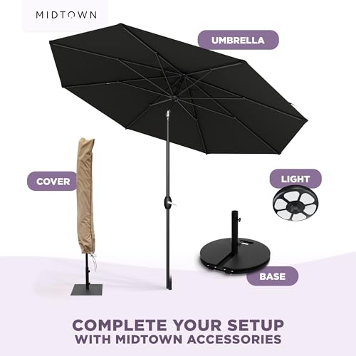 Image of Midtown Umbrellas - The Lean 8 Ft Patio Umbrella with Acrylast Acrylic Fabric, Auto-Tilt Aluminum Frame & 8 Sturdy Ribs - Outdoor Umbrella for Deck, Pool, Hotel & Cafes - Eclipse Canopy, Black Pole