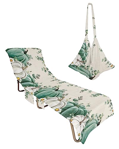 Green Pumpkins, Beach Lounge Chair Towel Cover, Soft Chaise Lounge Towel with Side Pockets Patio Pool Chairs Cover for Beach/Pool Sunbathing 29x85 Fall Eucalyptus Leaves Flower Watercolor Floral