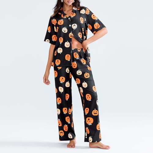 CocMouse Halloween Pajamas Set for Women Button Down Short Sleeve Pjs Set with Long Pants 2 Piece Loungewear Pjs Sets (Black, L) - Image 2
