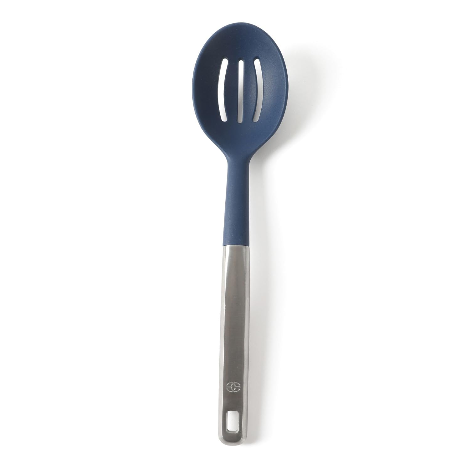 Calphalon Prime Slotted Spoon Skimmer, Stainless Steel Slotted Spoon, Straining Spoon with Navy Silicone Head, Heat-Resistant Nonstick-Safe Kitchen Tool