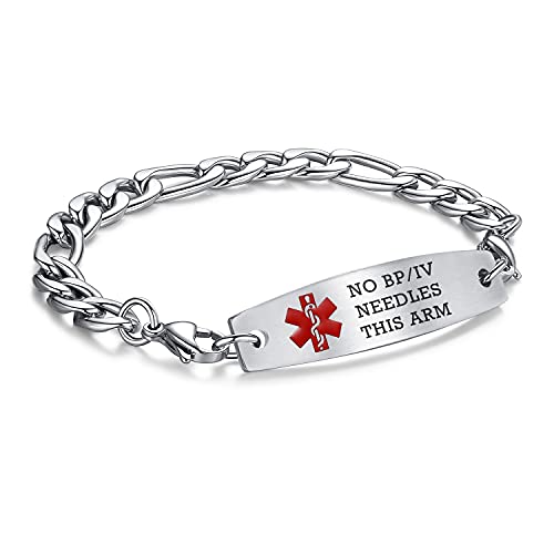 LinnaLove medical alert bracelets for men women Stainless steel Interchangeable medical bracelets, free engraving (SILVER-7.5 inches-no bp/iv/needles this arm)