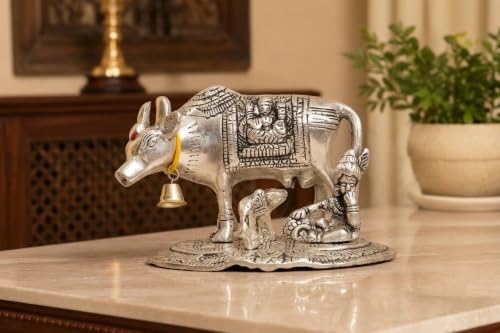Image of KridayKraft Kamdhenu Cow and Calf with Krishna Idol, Silver-Plated Decorative Showpiece for Home Decor and Gift, 14 x 11 cm X 10 cm, 350 g