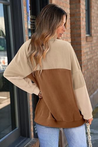 KISSMODA Women's Casual Long Sleeve Sweatshirt Color Block/Solid Crewneck Corduroy Pullover Cute Tops