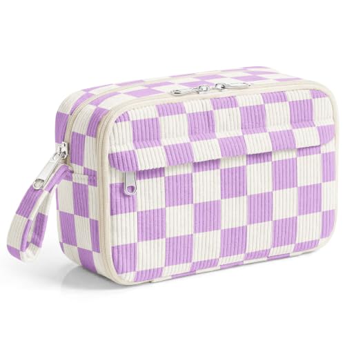 Image of WOBAGMEN Cute Pencil Case,Large Corduroy Zippered Pencil Case Pouch, Aesthetic Pencil Bag with Compartments(Purple Gingham)