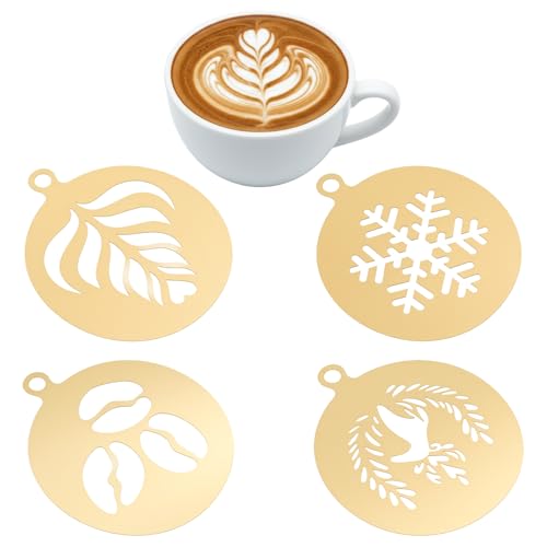 Guduling Lot de 4 pochoirs à café en acier inoxydable - Style latte - Avec 4 motifs - Pour cappuccino, gâteau, décoration de gâteau, café et maison - Doré - 11,5 cm