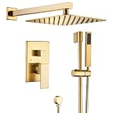 ESNBIA Shower System Brushed Gold, 10 Inches Slide Bar Shower Faucet with Valve, Wall Mounted High P