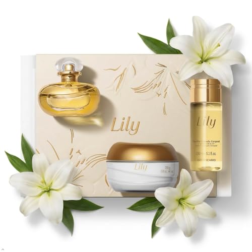 O Boticário Lily Coffret Set Regalos Para Mujer 3 Productos | Lily Crema Hidratante Perfumada 250g, Perfume Eau de Parfum EDP 75ml y Aceite Corporal 150ml