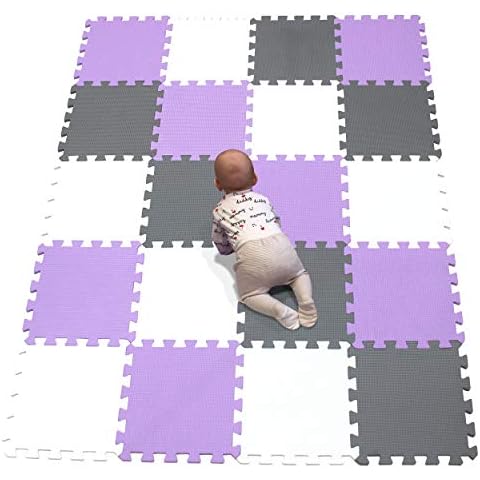 YIMINYUER ComFy Foam Exercise Mat | Gym Flooring Mats | Protective Interlocking Puzzle EVA Floor Tiles | Non slip Rubber Cushion For Workout, Home Gym, Yoga White Purple Gray R01R11R12G301020 Cover
