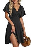 AUSELILY Vestido de Verano para Mujer - Vestido Cruzado Playa con Escote en V, Manga Corta de Volantes y Estampado Floral Negro L