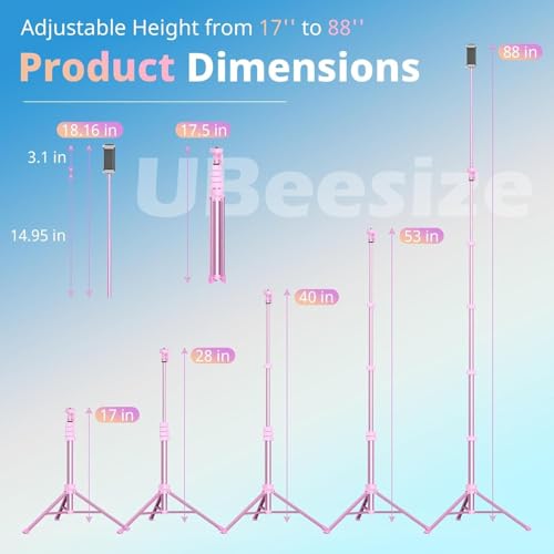 UBeesize 88’’ Flexible Phone Tripod with 14.95’’ Gooseneck, Remote and Phone Holder, Overhead Cell Phone Stand&Selfie Stick for Video Recording, Compatible with iPhone Android Phone, Camera Pink - Image 3