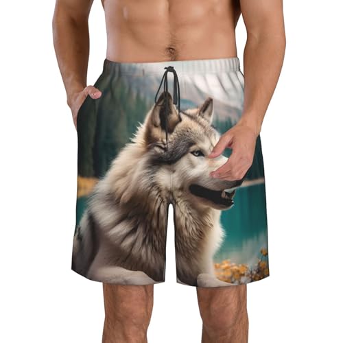Men's Swim Trunks Quick Dry Board Shorts Mens Bathing Suit Swimsuits Fun Animal Wolf Beach Shorts with Pockets