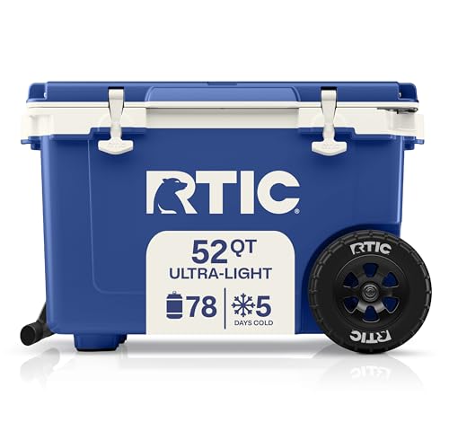 Image of RTIC 52 Quart Ultra-Light Wheeled Hard Cooler Insulated Portable Ice Chest Box for Beach, Drink, Beverage, Camping, Picnic, Fishing, Boat, Barbecue, 30% Lighter Than Rotomolded Coolers