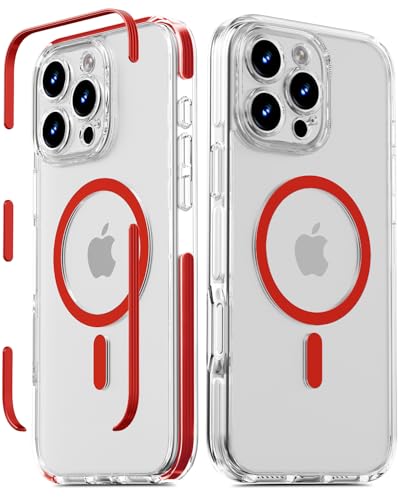 COOLQO for iPhone 16 Pro Case: Clear Magnetic Cover with Strip, Red