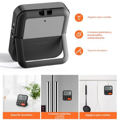 Miniatura 7 de Liorque Temporizador De Cocina Digital Temporizador Multifunción Con Función De Reloj, Ajuste Rapido, 3 Niveles De Volumen, Respaldo Magnético, Soporte Plegable - Negro 1 Pieza