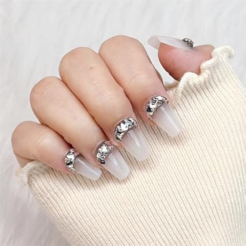 Press on Nails, Handmade Middle Square Fake Nails, Easy to Replace False Nails for Wedding, Party, Birthday. Stick on Nails with Storage Box 10 Pcs (Dark White, L) Cover