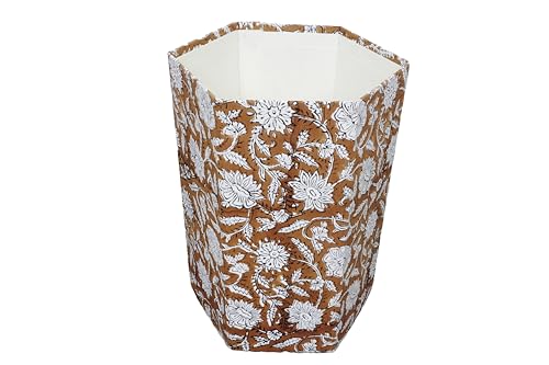 Image of 3.3 Gallon Cotton Hand Block Printed Paper Waste Basket |Small Decorative Trash Can for Housewarming Gifts in Living Room, Bedroom, Bathroom | Eco-Friendly, Plastic-Free (1, Brown White FLOWAR)