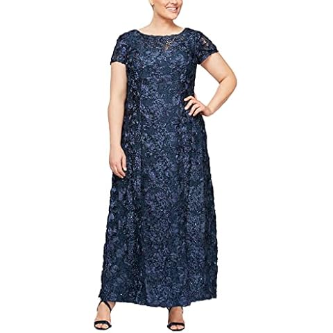 Alex Evenings Damen Plus-Size Long A-line Rosette Dress with Short Sleeves Kleid fr besondere Anlsse Cover
