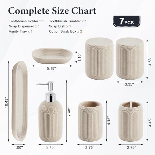 Bathroom Accessories Set - 7-Piece Resin Bathroom Set, Toothbrush Holders for Bathrooms, Soap Dispenser, Qtip Holder Dispenser, Tumbler, Soap Dish & Tray(Beige - image 5