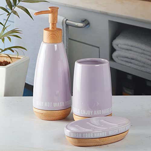 Image of SaSaSa Ceramic Bathroom Set of 3 Modern Bath Accessories Kit with Soap Dispenser, Toothbrush Holder & Dish - Stylish & Elegant Bathroom Decor, Purple (9884)