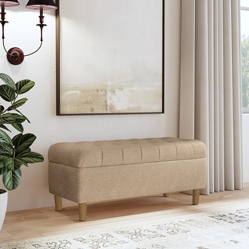 Image of HomePop 40 inch Ainsley Button Tufted Storage Bench - Light Tan Textured Solid