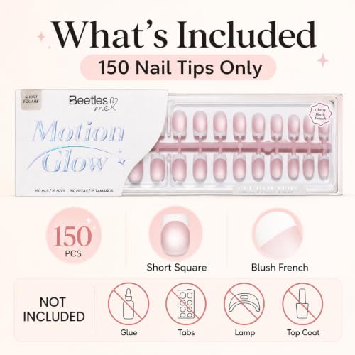 Image of Beetles French Tip Press On Nails, 150Pcs Short Square Cat Eye Nails | Pre-Designed Blush French Tips with Glassy Cat-Eye Shine, 15 Sizes, Nail Tips Only for At-Home DIY Manicures