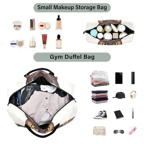 Large Travel Duffel Bag, Owl Ethnic White Sports Tote Gym Bag, Shoulder Weekender Overnight Bag for Women Men, Carry On Luggage with Toiletry Bags4