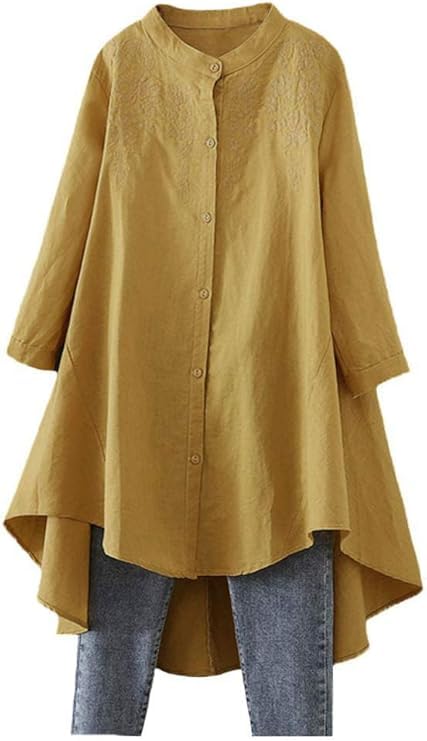 Women's Cotton Linen Shirt High Low Button Down Embroidered Blouse Long Sleeve Tunic Tops