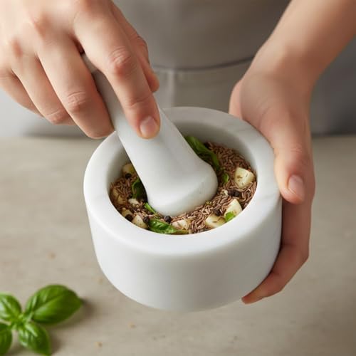 Image of JMH Marble Handmade Stone Mortar and Pestle Set | Ohkli Musal /Kharal khalbatta for Medicine, Spices Grinder Masher (White, 3 Inch)