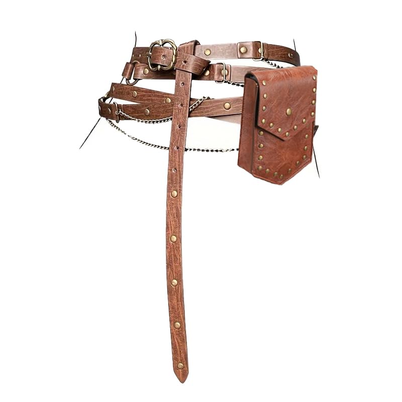 2pcs DIY Medieval Accessories, Faux Leather Metal Chain Belt, Vintage Adjustable Thin Belt for Women, Renaissance Bag