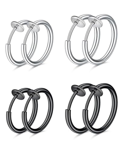 HUVZOR Set 4 pares de pendientes clip de acero inoxidable unisex para hombres y mujeres, Diseño falso sin agujero, cómodos y seguros, Ideal para piercing y estilo moderno(Negro + Plata)