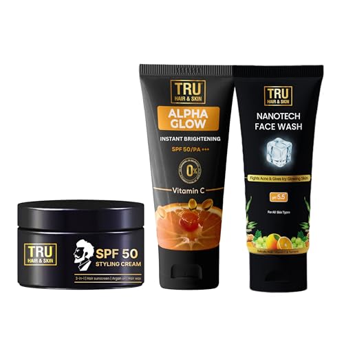 Image of TRU HAIR & SKIN SPF 50 Stylish Cream 50gm + Alpha Glow Instant Brightening Cream 25ml + Nanotechnology Facewash 50ml COMBO