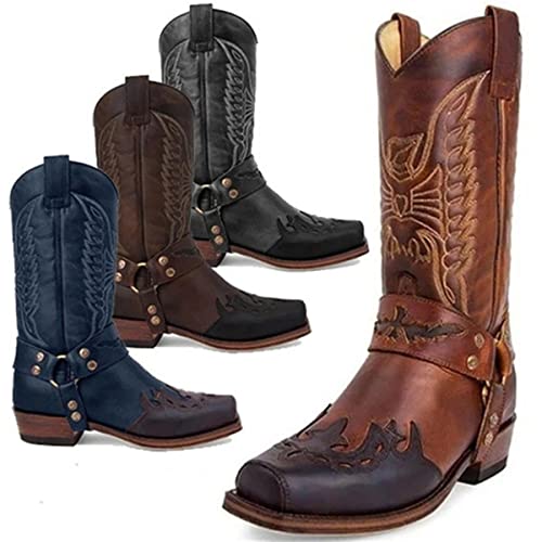 Western Boots for Men Cowboy Boots Lightweight Durable Round Toe Modern Boots Fashion Embroidered Hand Stitching Riding Cowgirl Boots Anti Slip Mid-Calf Wide Calf Pull On Boot Traditional Country Boot 6