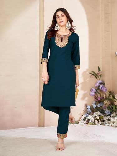 Image of Pratham Blue Kurta Set for Women Silk Embroidered Straight Kurta Set for Women with Pant