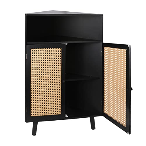 Corner Cabinet Organizer With Doors, Small Rattan Corner Table, 4-Tier Corner Bar Cabinet Freestanding Corner Tables For Small Spaces Corner Shelf Stand For Living Room Kitchen Bathroom Bedroom, Black #TOP23