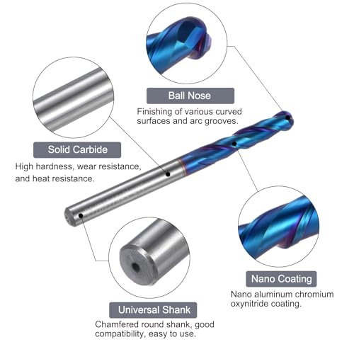 Image of uxcell Ball Nose End Mill CNC Router Bit, 1 /8 inch Radius 1 /4 inch Shank Solid Carbide Nano Coated Upcut Spiral 2 Flutes Cutter Milling Tool, 1 /4 inch Dia 3 inch Total Length