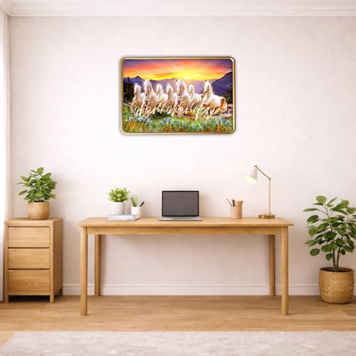 Image of XOPY Seven Running Horses with Golden Frame | Vastu 7 horses Raw Pyrite Painting for Home, Office & Living Room Wall Decore | 12X18 Inch Sparkle Laminated Frame | Best For Gifting (3095, 12X18)