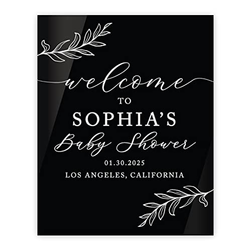 Andaz Press 16X20 Inch Black Acrylic Personalized Baby Shower Welcome Sign, Gender Neutral Large Custom Sign For Easel Stand, Rustic Laurel Leaves Baby Shower Decorations Neutral, Acrylic Welcome Sign