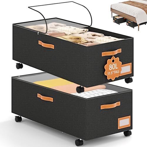 Under the Bed Storage with Wheels, 80L Storage Containers with Clear Lids, 10” Tall Shoe Organizer Under Bed, Large Capacity Bins, Rolling Storage with Metal Frame for Bedroom, Closet, Drawers