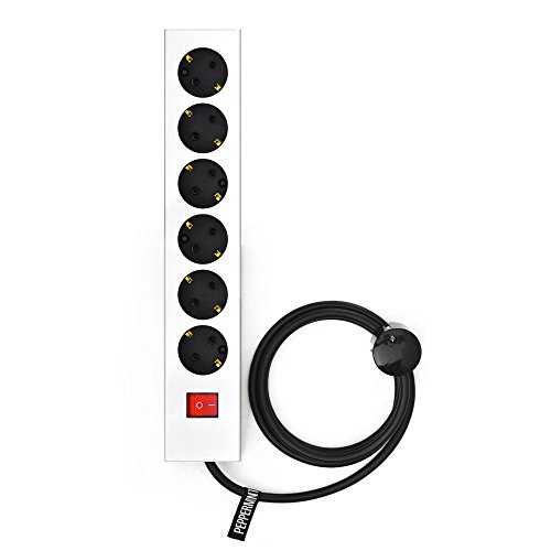 PLUG 6 Weiss | 6er MEHRFACH-STECKDOSEN-LEISTEN m. Schalter | schöne Design Steckdose | schaltbare Steckerleiste mit lackierter Stahl-Verkleidung | Wandmontage | Peppermint Products Cover