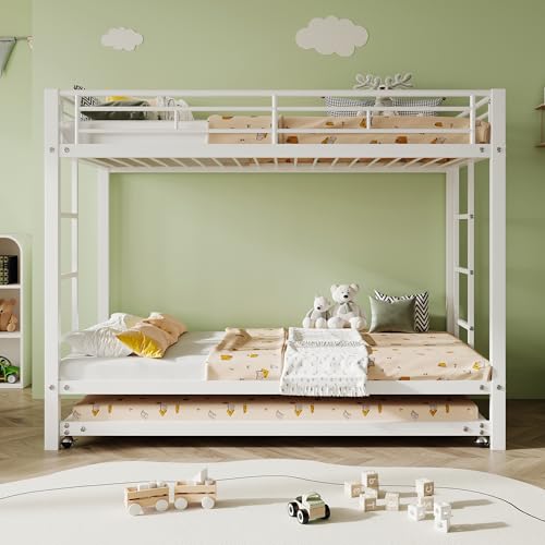 Miniatura 7 de Odikalo Literas 3 Camas 90x200 Cm Con Cama Extraíble 90x190 Cm Incluidas Las Pastillas De Freno, Marco De Camas De Metal Con Barreras De Seguridad, Con Somier De Láminas, Sin Colchón, Blanco